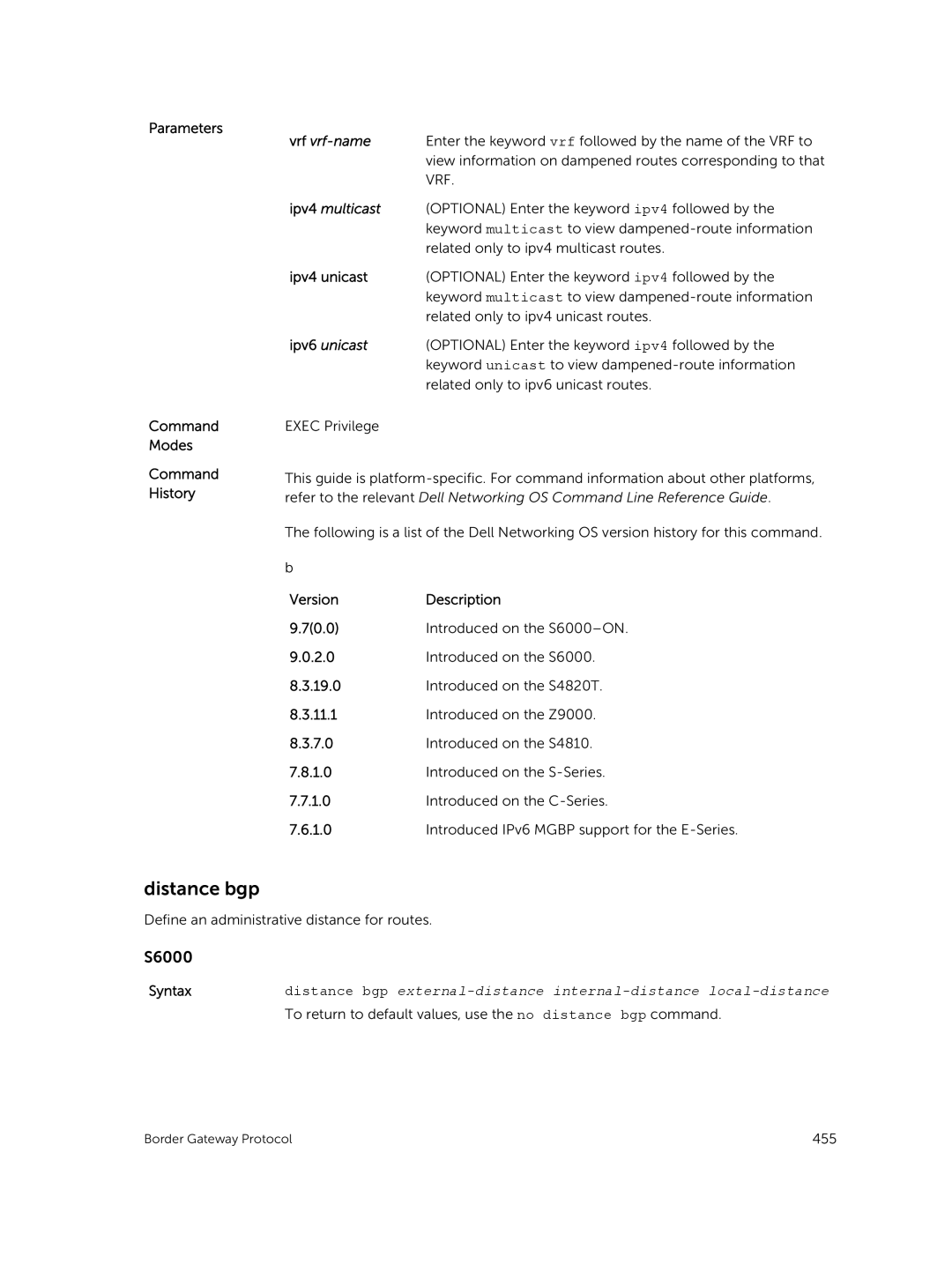 Dell 9.7(0.0) manual Distance bgp, Parameters Command Modes Command History 