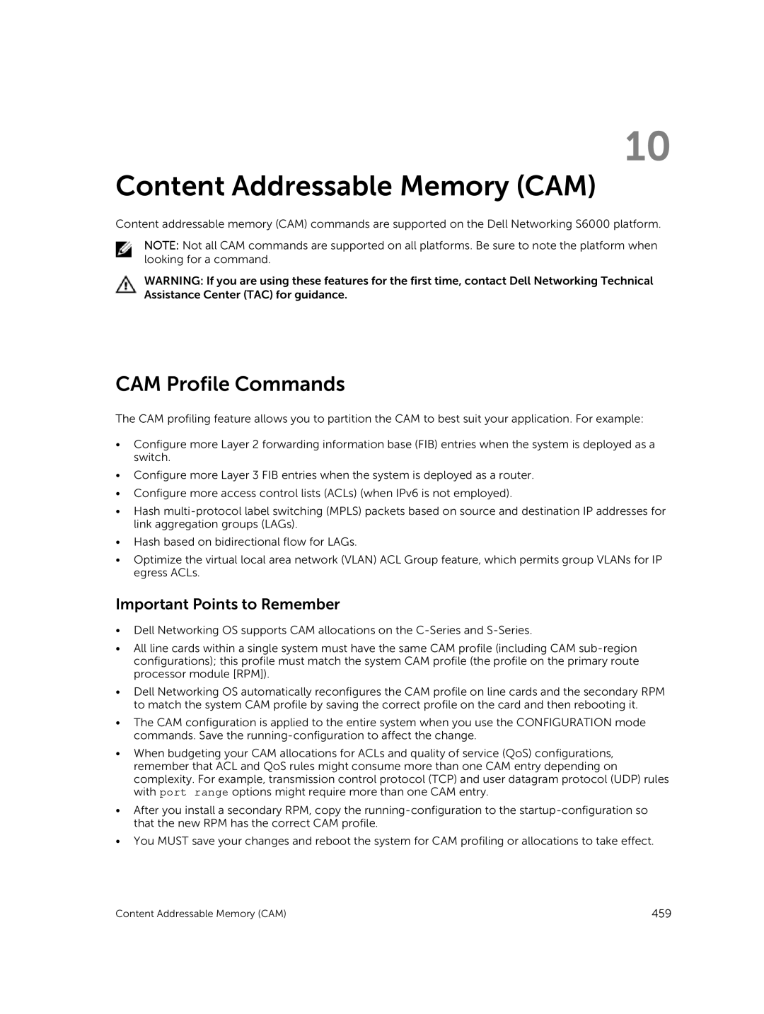 Dell 9.7(0.0) manual Content Addressable Memory CAM, CAM Profile Commands, Important Points to Remember 