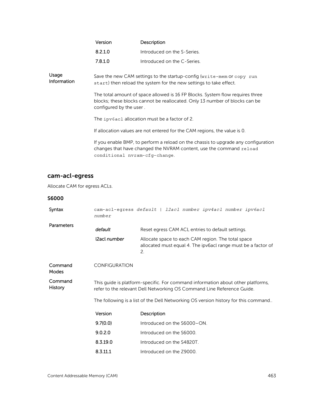 Dell 9.7(0.0) manual Cam-acl-egress, VersionDescription Usage Information 