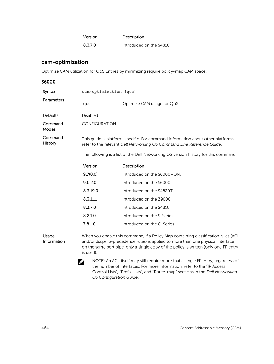 Dell 9.7(0.0) manual Cam-optimization qos, Qos Optimize CAM usage for QoS 