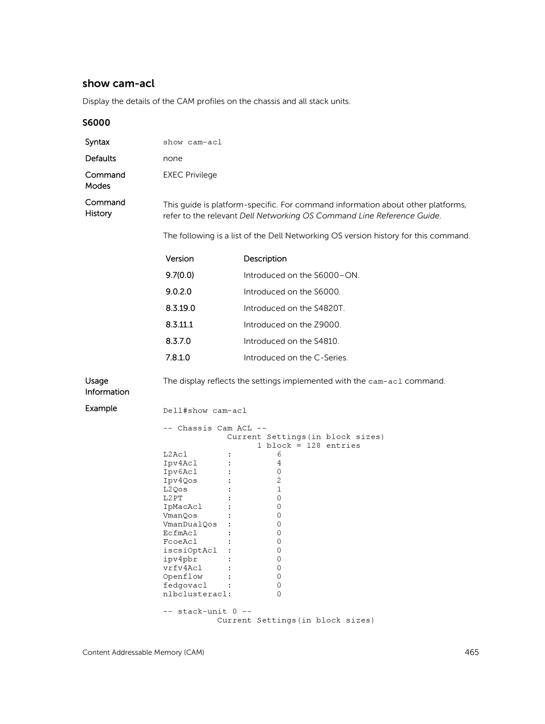 Dell 9.7(0.0) manual Show cam-acl, Usage Information Example VersionDescription 70.0, L2PT 