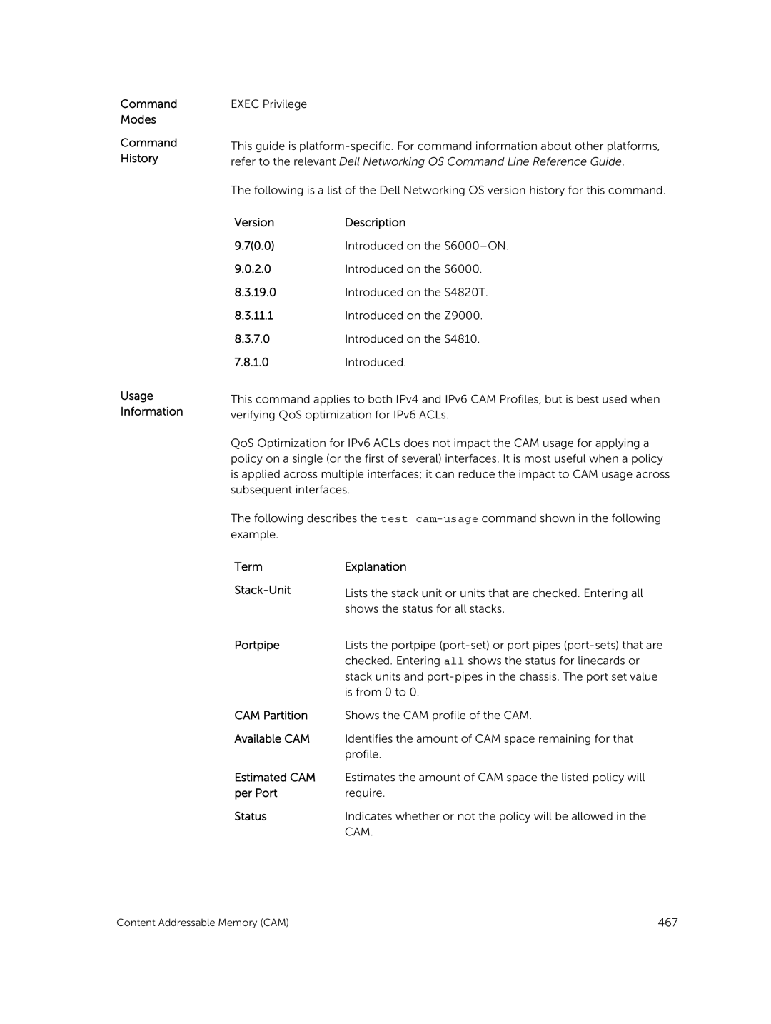 Dell 9.7(0.0) manual Term Explanation Stack-Unit, Portpipe, CAM Partition, Available CAM, Estimated CAM, Per Port 