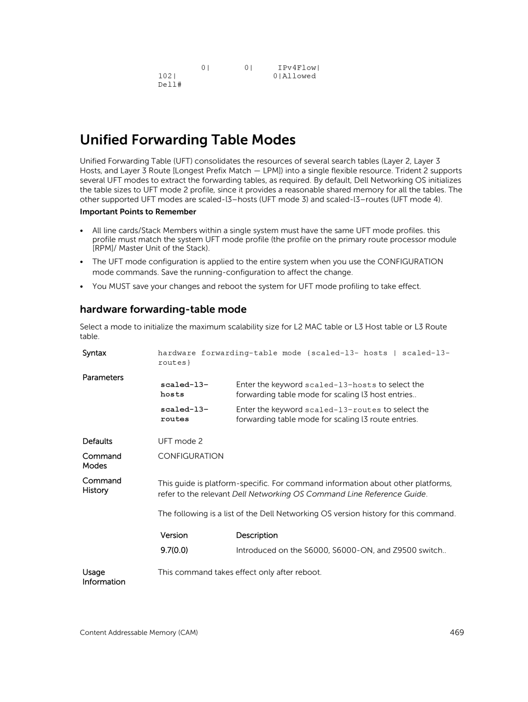 Dell 9.7(0.0) manual Unified Forwarding Table Modes, Hardware forwarding-table mode, Scaled-l3, Hosts, Routes 