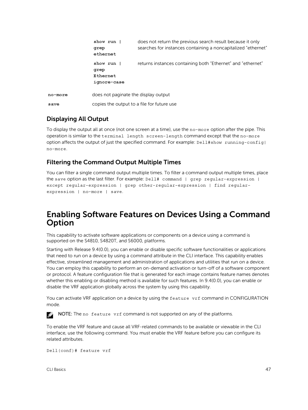 Dell 9.7(0.0) manual Displaying All Output, Filtering the Command Output Multiple Times, Ethernet Show run, Save 