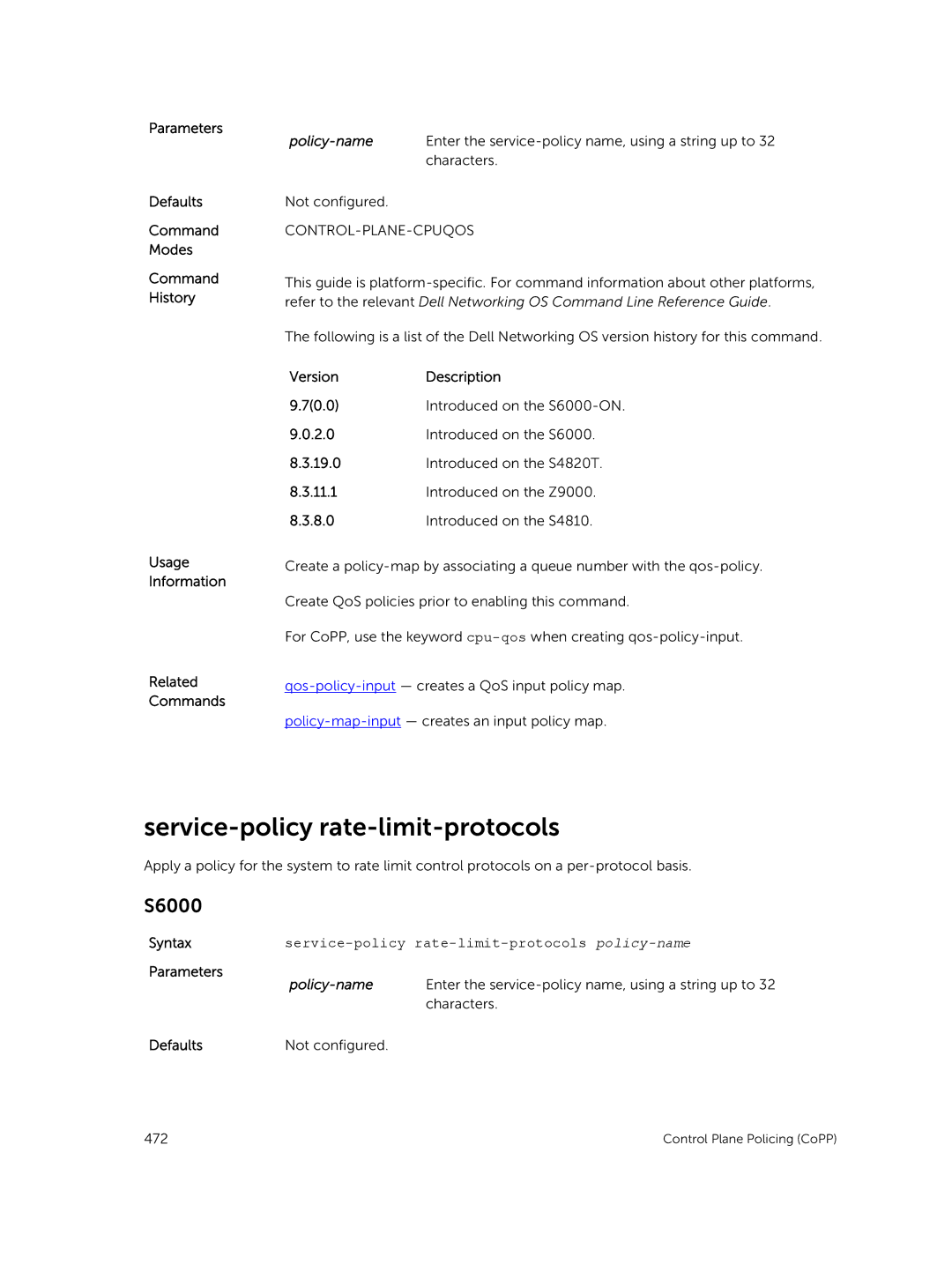 Dell 9.7(0.0) manual Policy-name, Service-policy rate-limit-protocols policy-name 