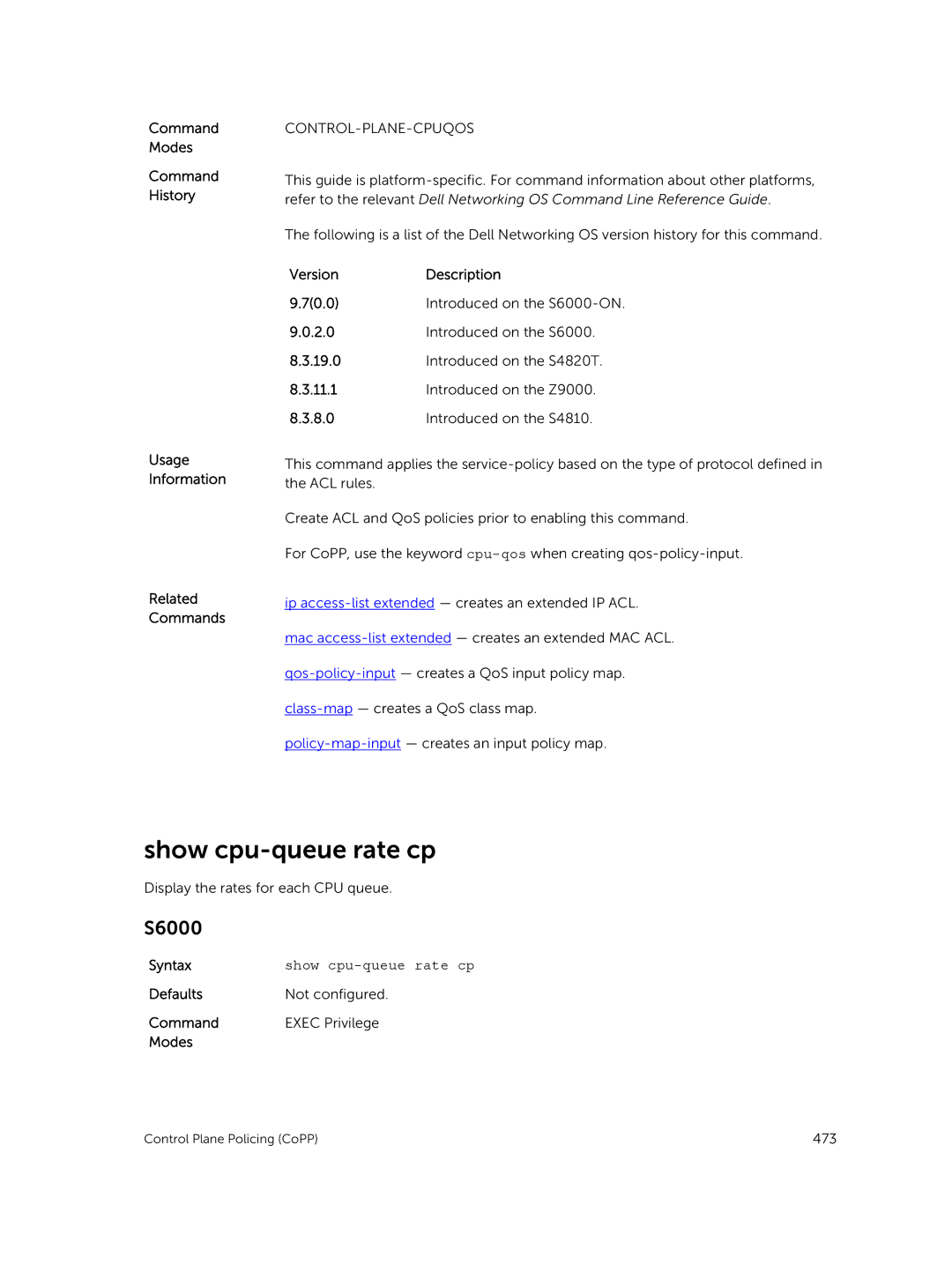 Dell 9.7(0.0) manual Show cpu-queue rate cp, Defaults Not configured Command Exec Privilege Modes 