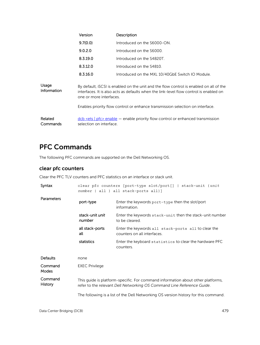 Dell 9.7(0.0) manual PFC Commands, Clear pfc counters, Port-type, All stack-ports, Statistics 