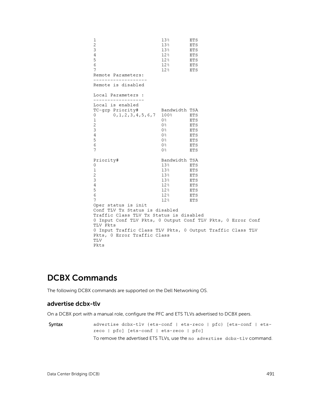 Dell 9.7(0.0) manual Dcbx Commands, Advertise dcbx-tlv, Tlv, Pkts 