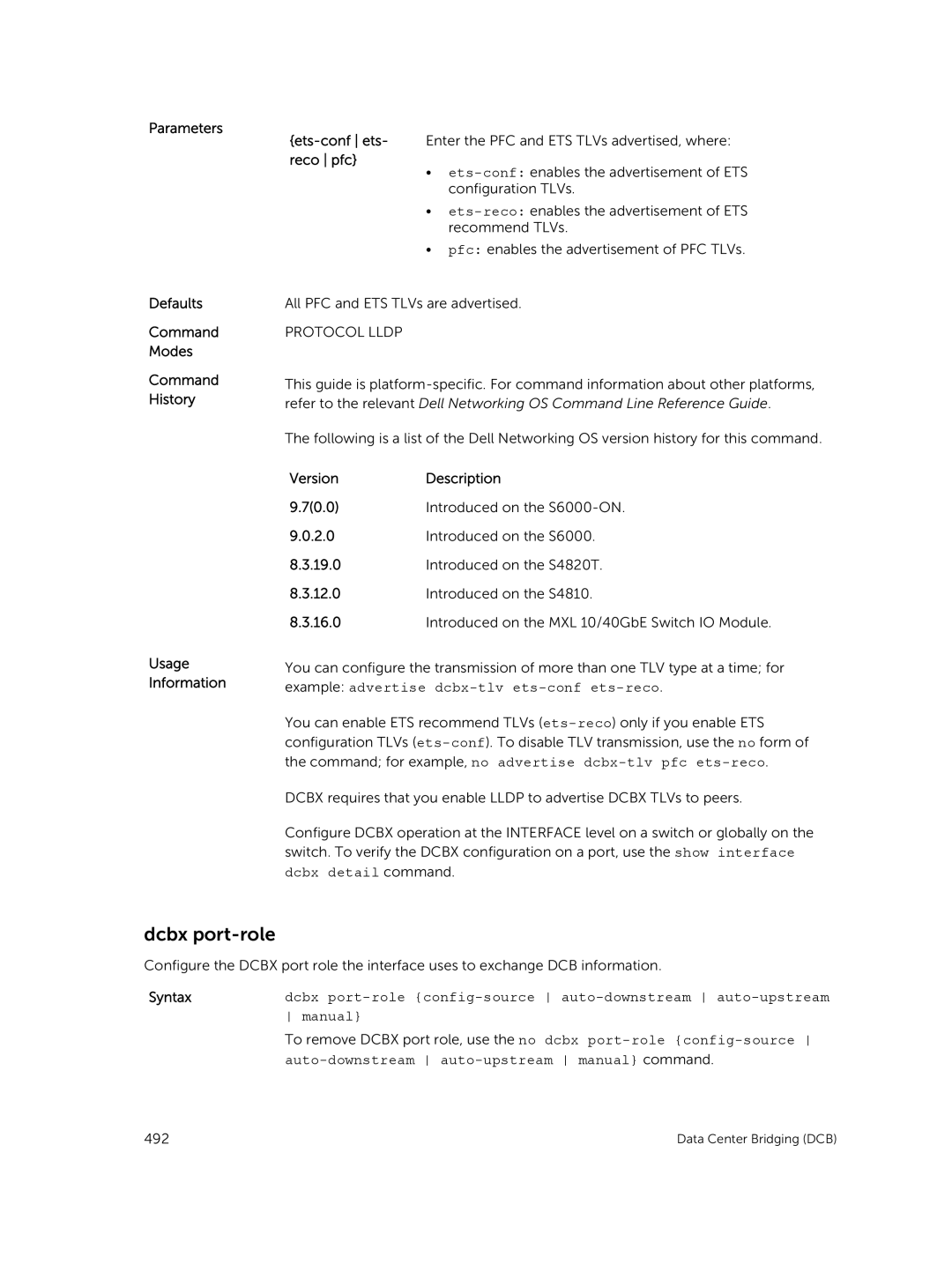 Dell 9.7(0.0) manual Dcbx port-role, Reco pfc 