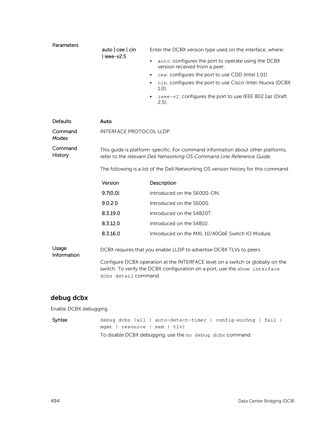 Dell 9.7(0.0) manual Debug dcbx, Defaults Ieee-v2.5 