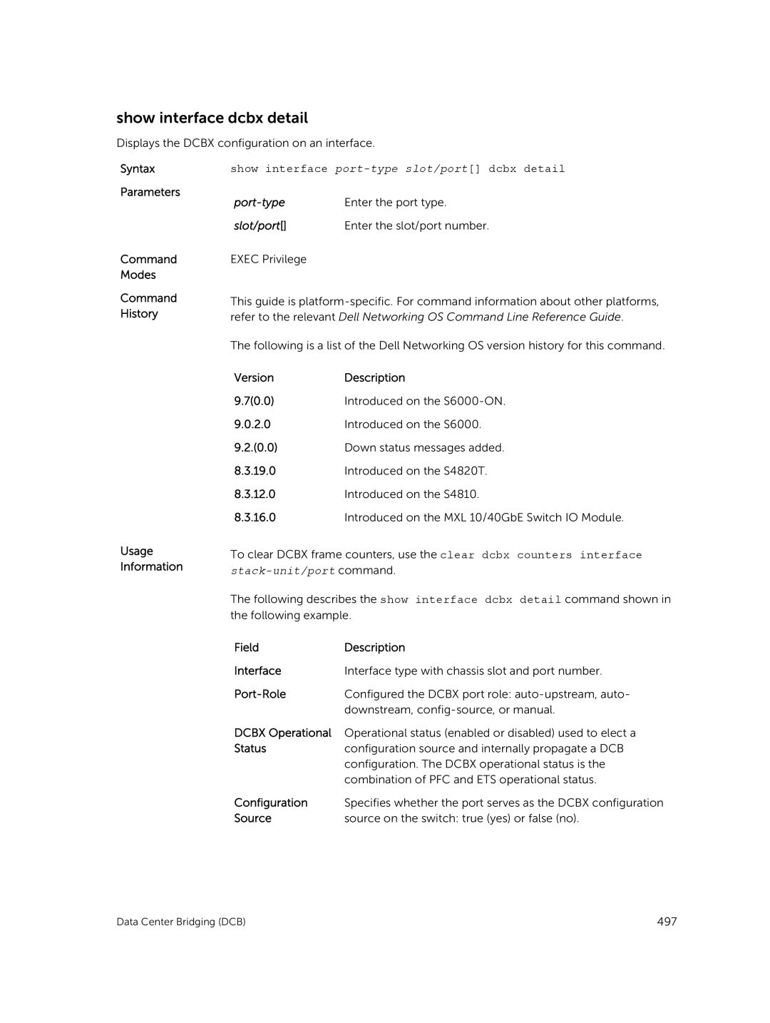 Dell 9.7(0.0) Show interface dcbx detail, Show interface port-type slot/port dcbx detail, Port-Role, Dcbx Operational 