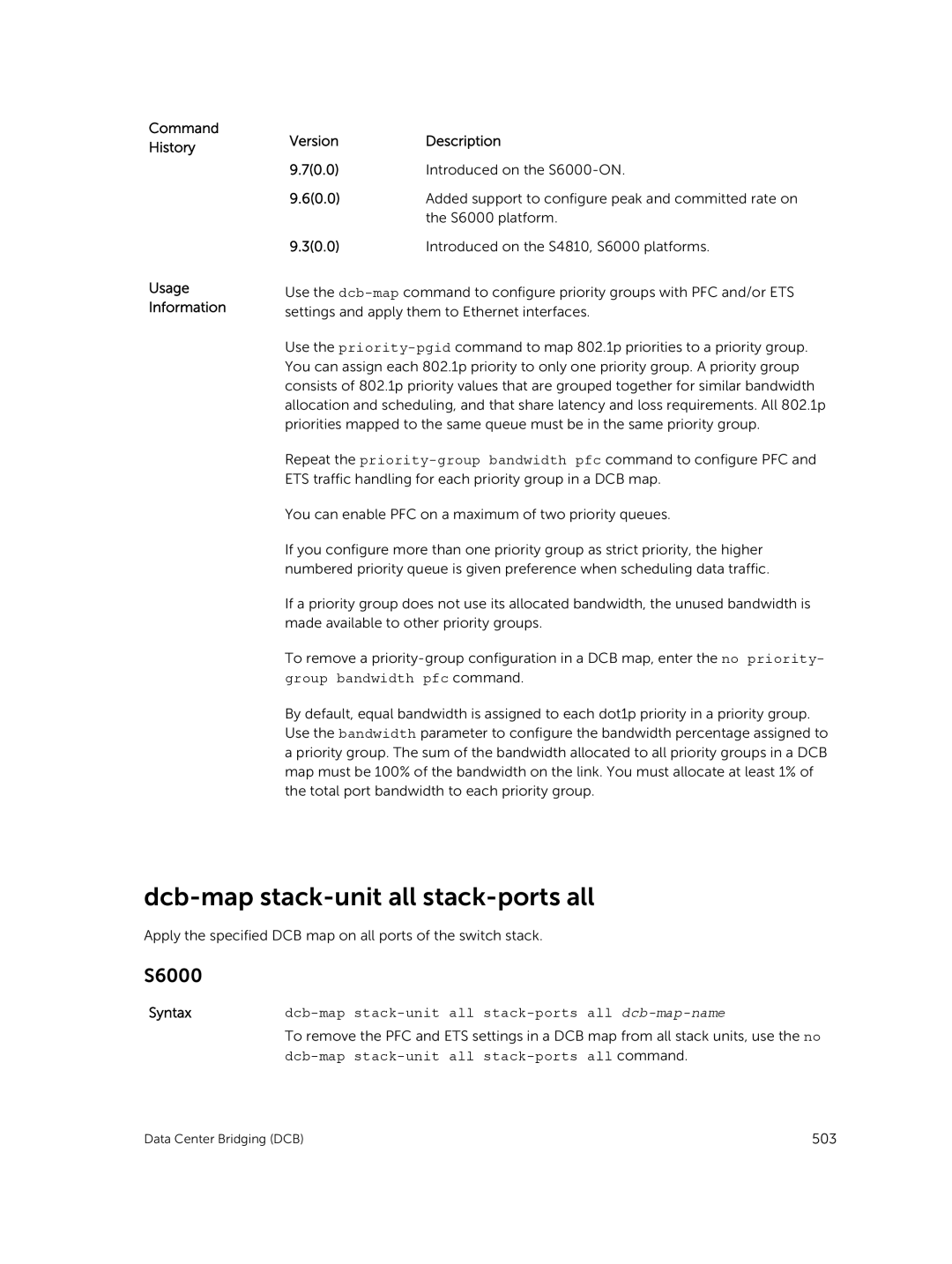 Dell 9.7(0.0) manual Dcb-map stack-unit all stack-ports all, Syntaxdcb-map stack-unit all stack-ports all dcb-map-name 