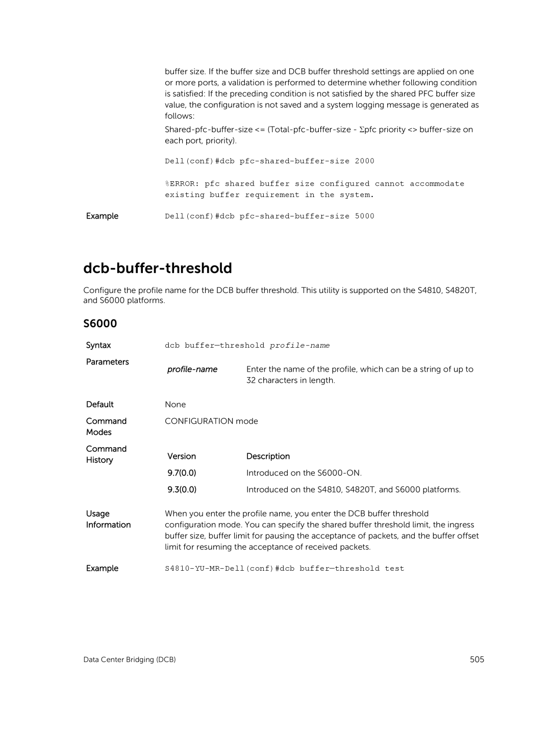 Dell 9.7(0.0) Dcb-buffer-threshold, Dcb buffer-threshold profile-name, S4810-YU-MR-Dellconf#dcb buffer-threshold test 