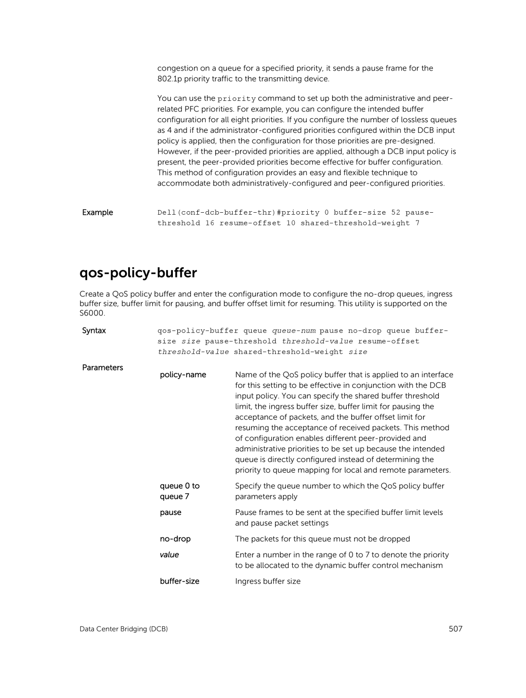 Dell 9.7(0.0) manual Qos-policy-buffer, Policy-name, Queue 0 to, No-drop 