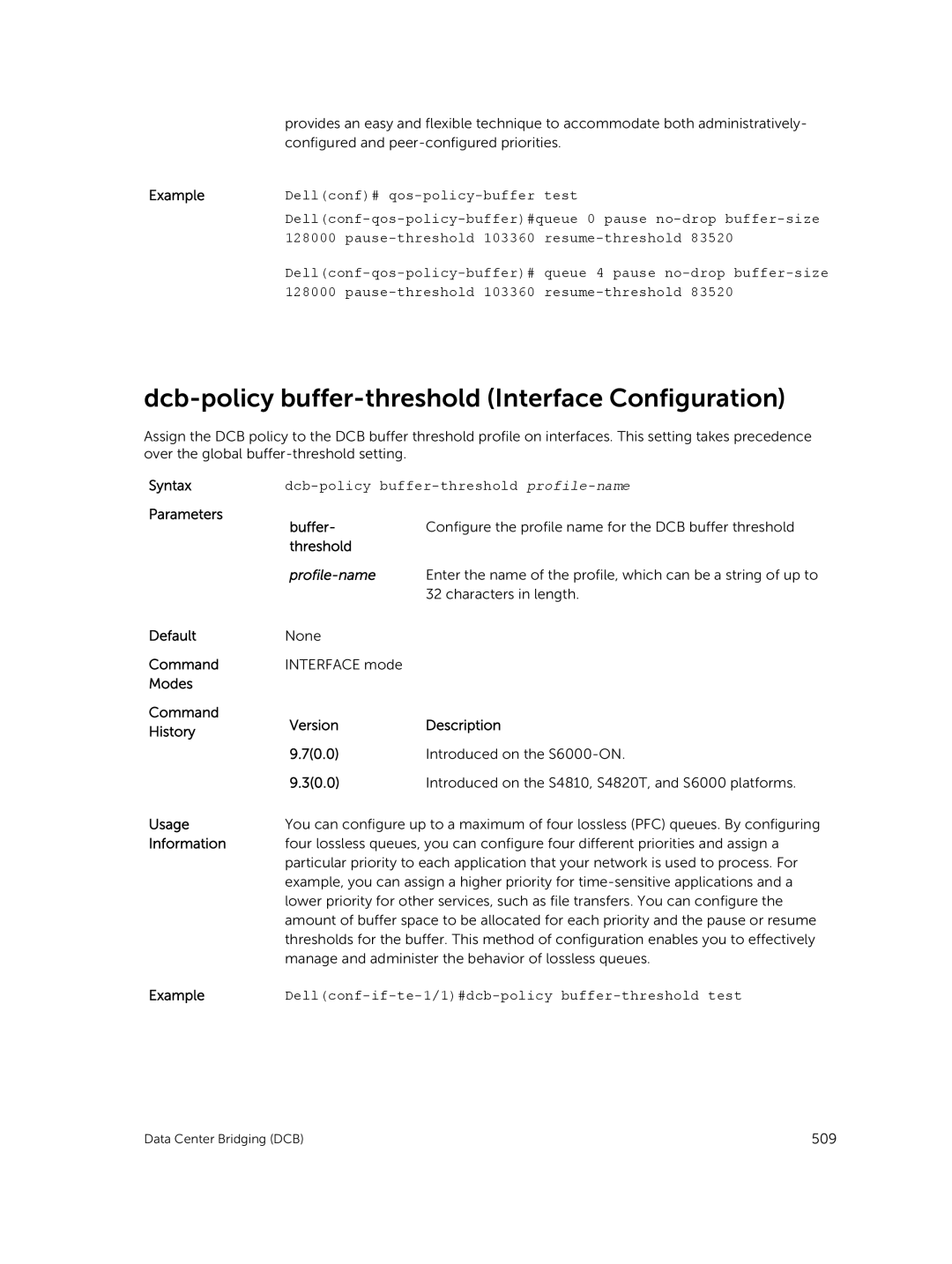 Dell 9.7(0.0) manual Dcb-policy buffer-threshold Interface Configuration, Dcb-policy buffer-threshold profile-name, Buffer 