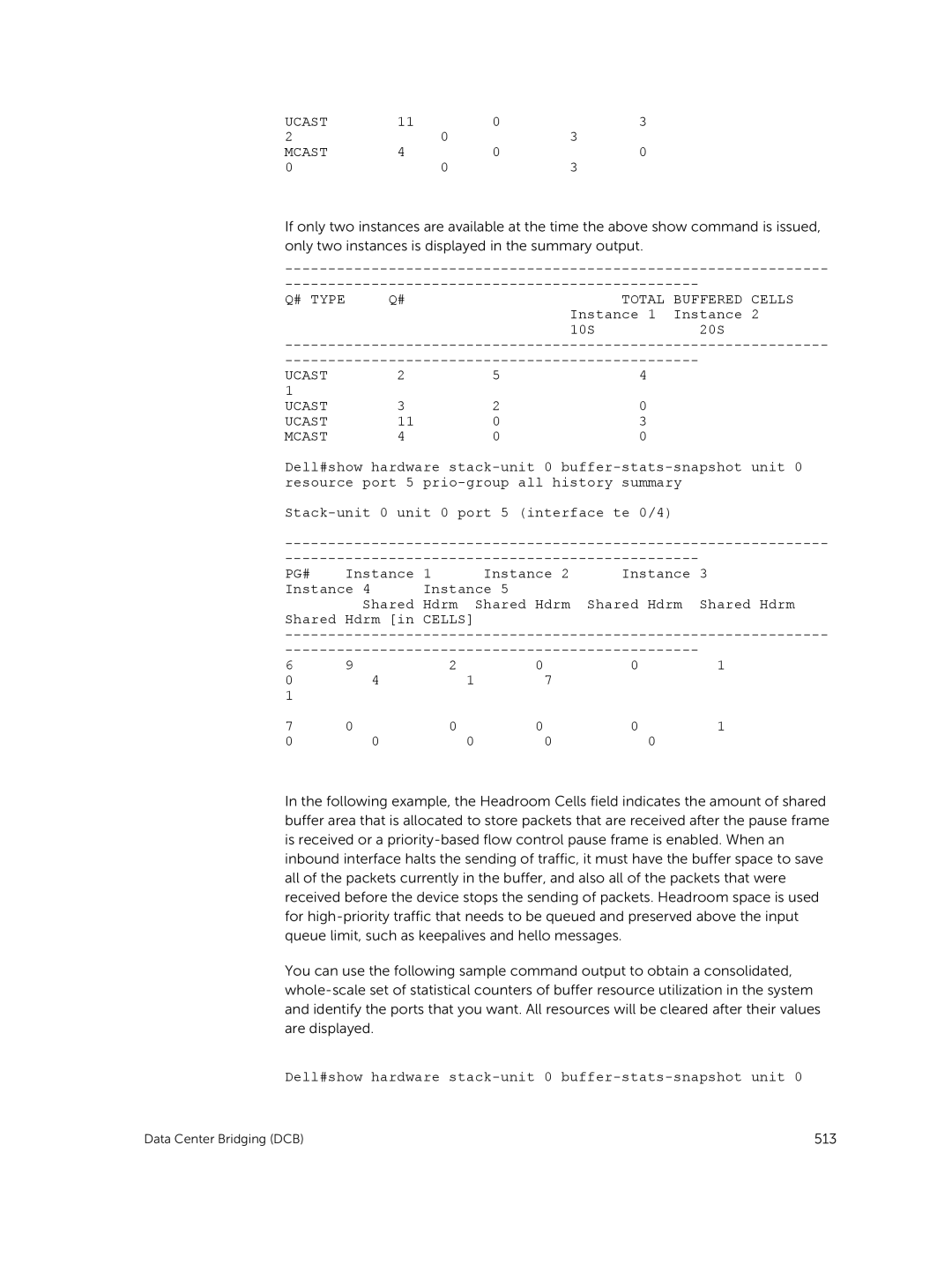 Dell 9.7(0.0) manual Ucast Mcast, Instance 1 Instance 10S 20S, Pg#, Instance Shared Hdrm Shared Hdrm in Cells 