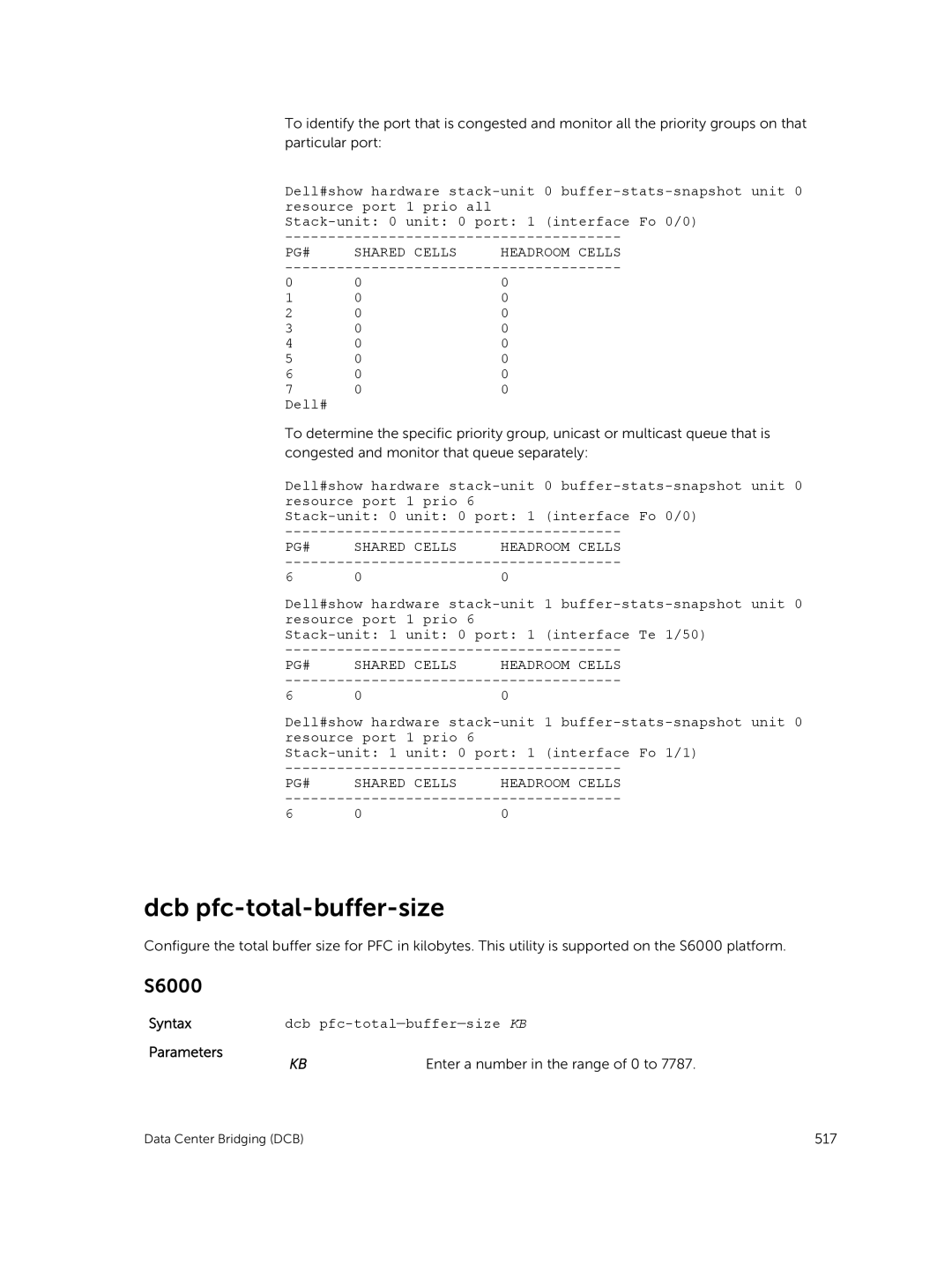 Dell 9.7(0.0) manual PG# Shared Cells Headroom Cells, Dcb pfc-total-buffer-size KB 