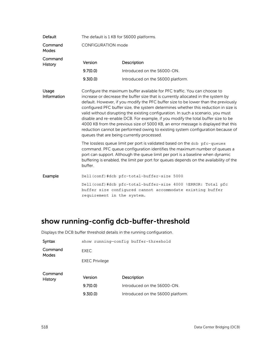 Dell 9.7(0.0) manual Show running-config dcb-buffer-threshold, Syntax Command Modes Command History 