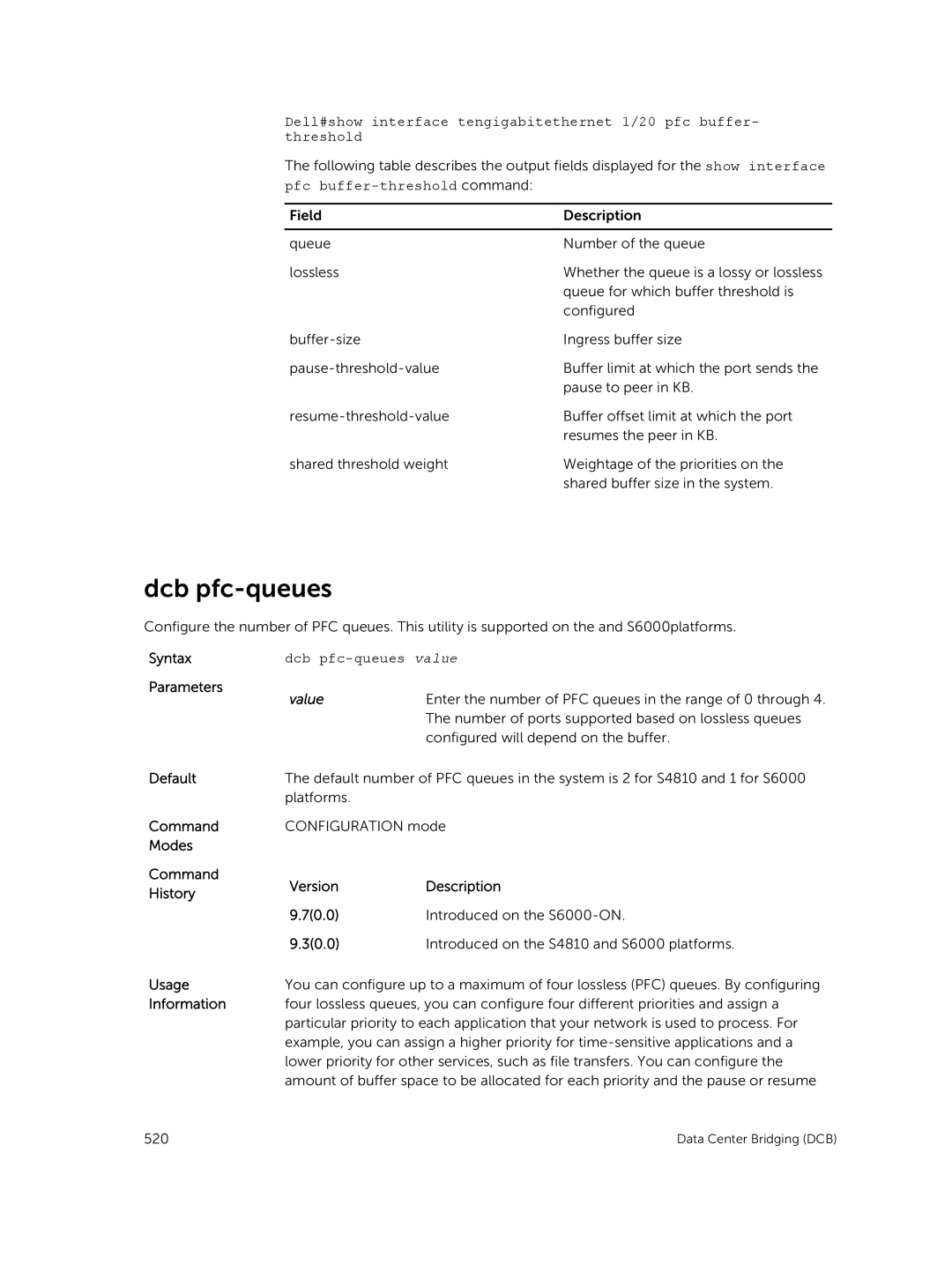 Dell 9.7(0.0) manual Dcb pfc-queues value, Default Command Modes Command History 