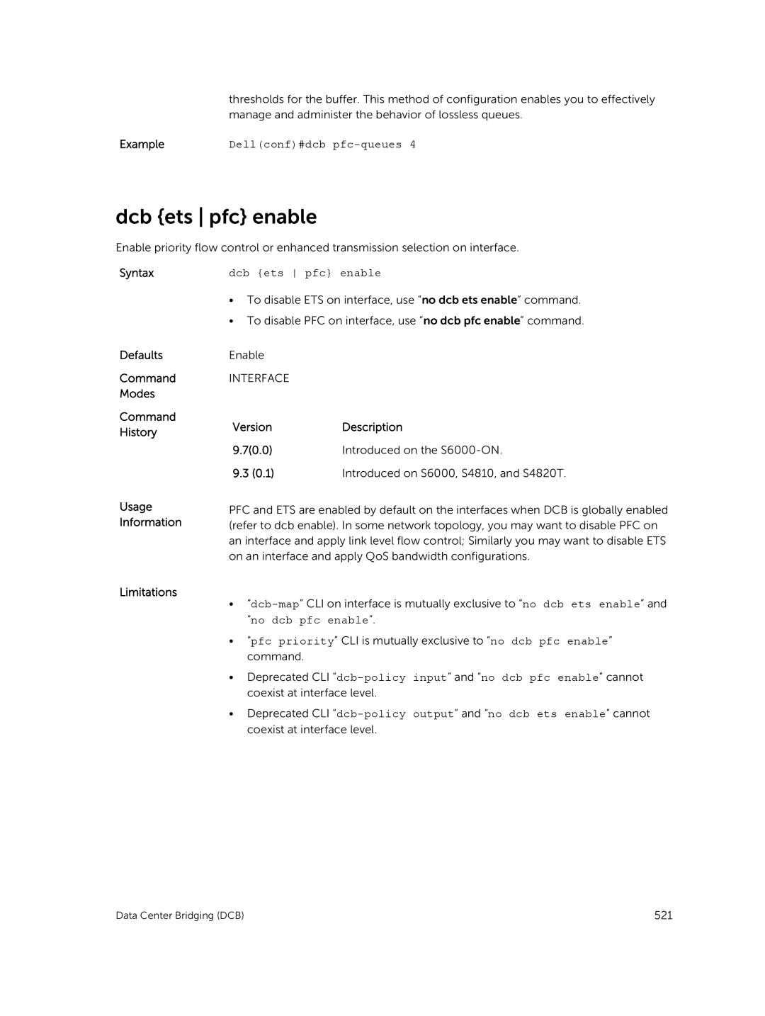 Dell 9.7(0.0) manual Dcb ets pfc enable, ExampleDellconf#dcb pfc-queues 