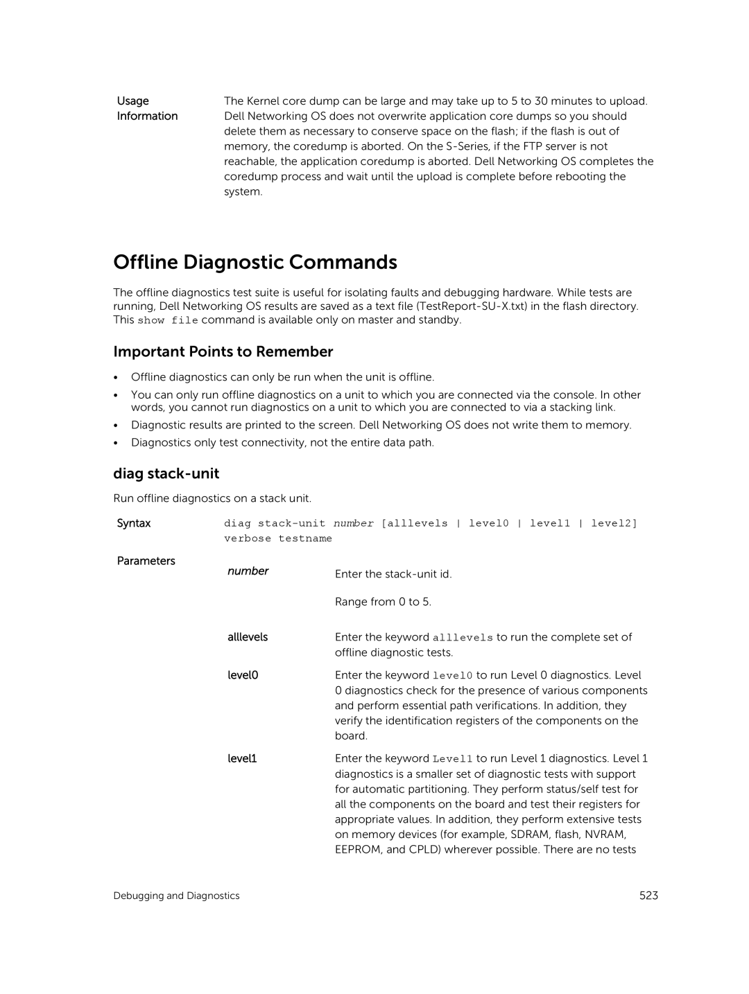 Dell 9.7(0.0) manual Offline Diagnostic Commands, Diag stack-unit, Alllevels, Level0, Level1 