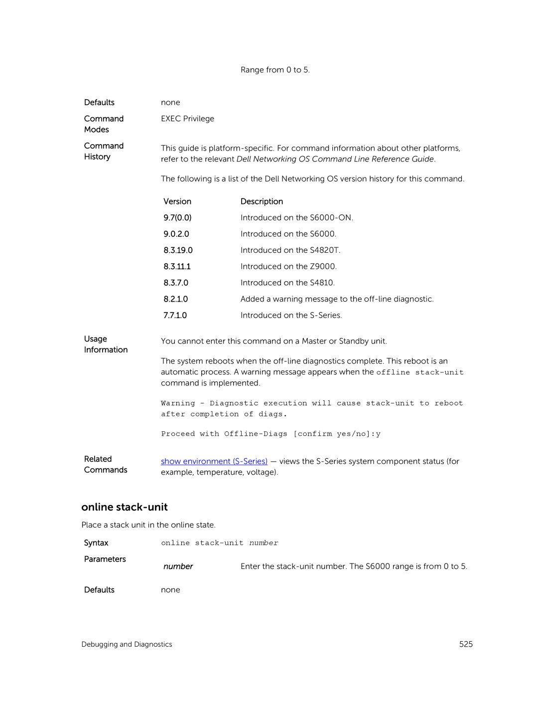 Dell 9.7(0.0) manual Proceed with Offline-Diags confirm yes/noy, Online stack-unit number, Defaults None 