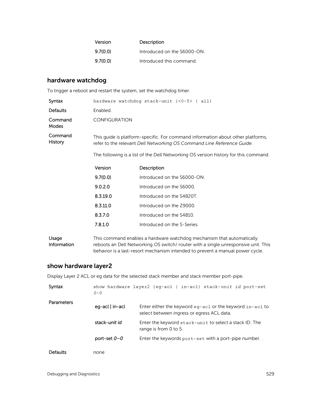 Dell 9.7(0.0) manual Hardware watchdog, Show hardware layer2, Parameters Eg-acl in-acl, Stack-unit id 