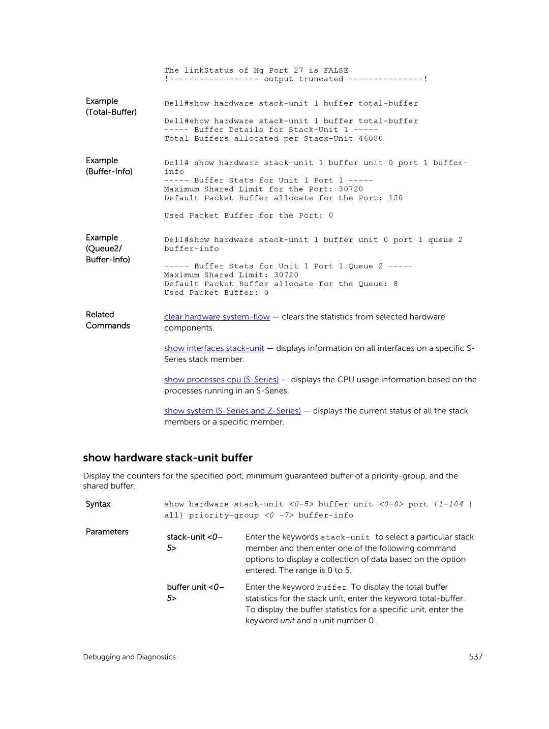 Dell 9.7(0.0) manual Show hardware stack-unit buffer, Example Total-Buffer, LinkStatus of Hg Port 27 is False 