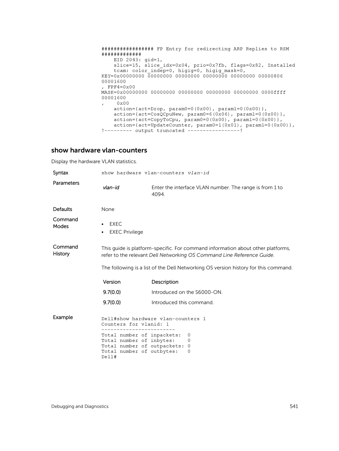 Dell 9.7(0.0) manual Show hardware vlan-counters vlan-id, Dell#show hardware vlan-counters 