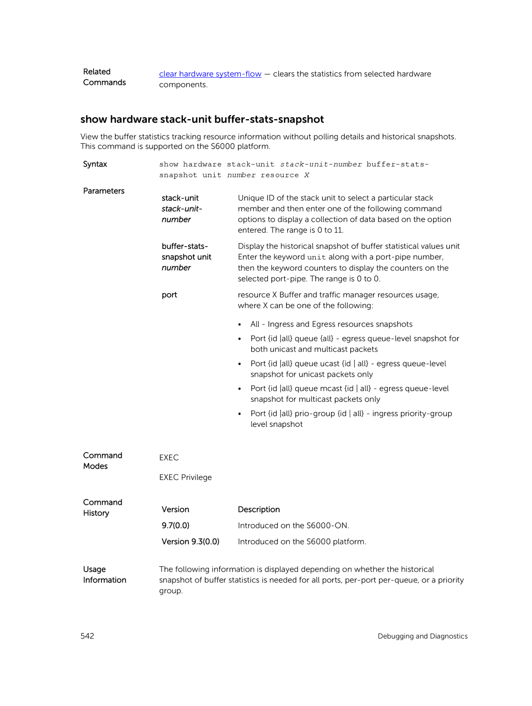 Dell 9.7(0.0) manual Show hardware stack-unit buffer-stats-snapshot, Syntax Parameters Command Modes Command History 