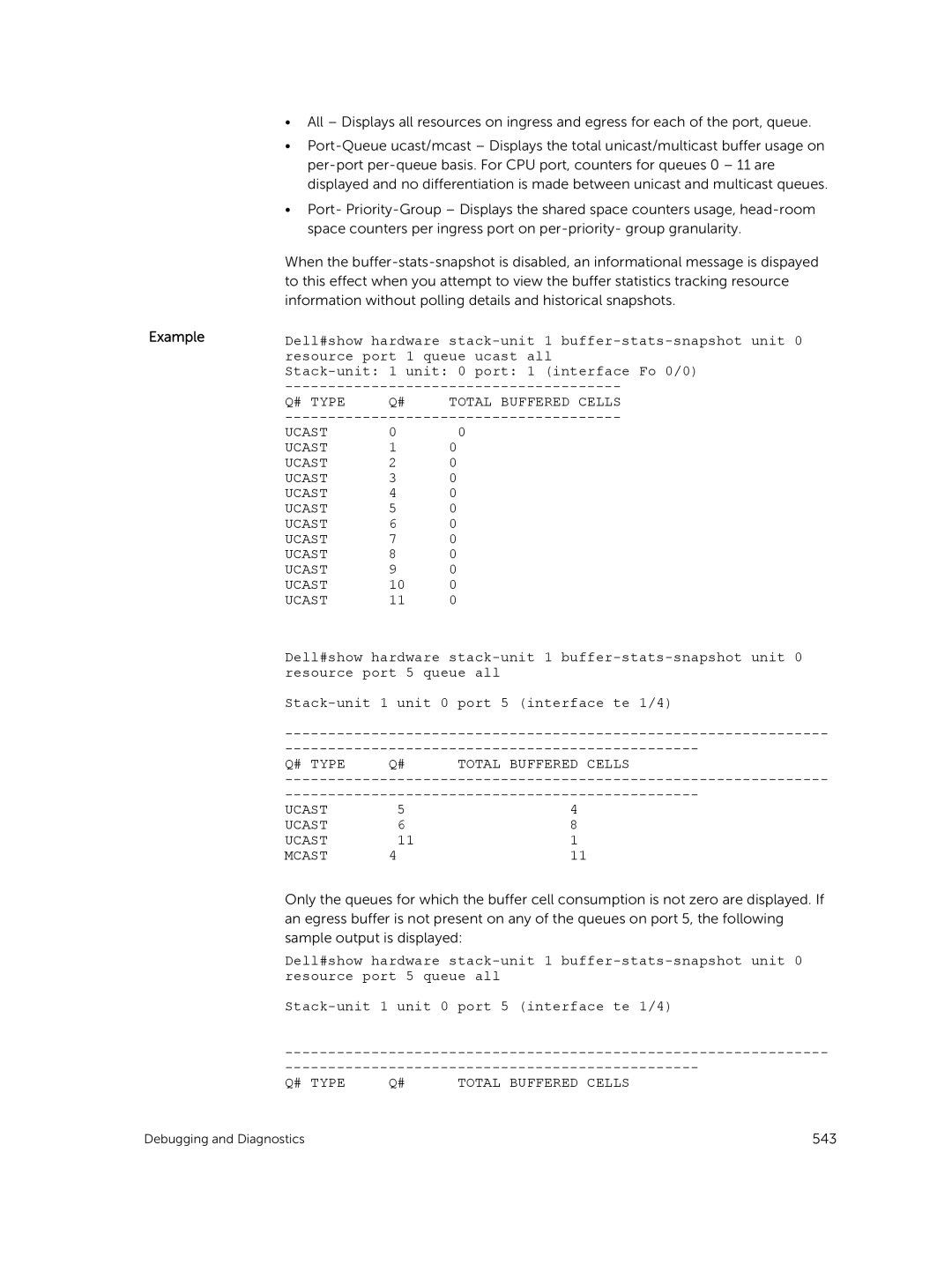 Dell 9.7(0.0) manual Dell#show hardware stack-unit 1 buffer-stats-snapshot unit, # Type Q# Total Buffered Cells Ucast Mcast 