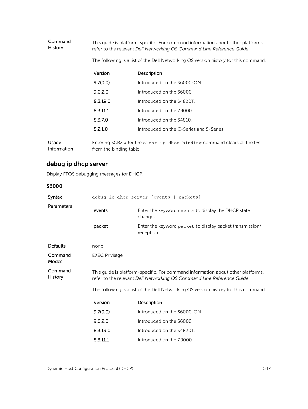 Dell 9.7(0.0) manual Debug ip dhcp server events packets, Packet 