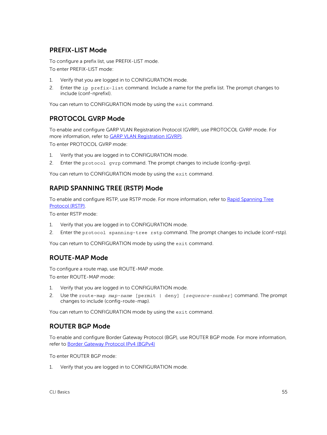 Dell 9.7(0.0) manual PREFIX-LIST Mode, Protocol Gvrp Mode, Rapid Spanning Tree Rstp Mode, ROUTE-MAP Mode, Router BGP Mode 