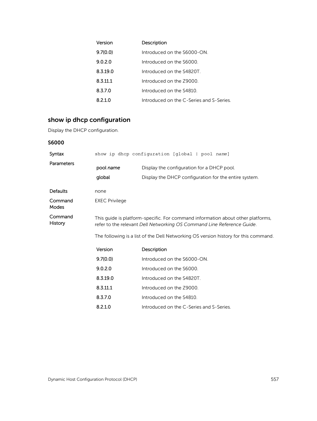 Dell 9.7(0.0) manual Show ip dhcp configuration global pool name, Pool name, Global 