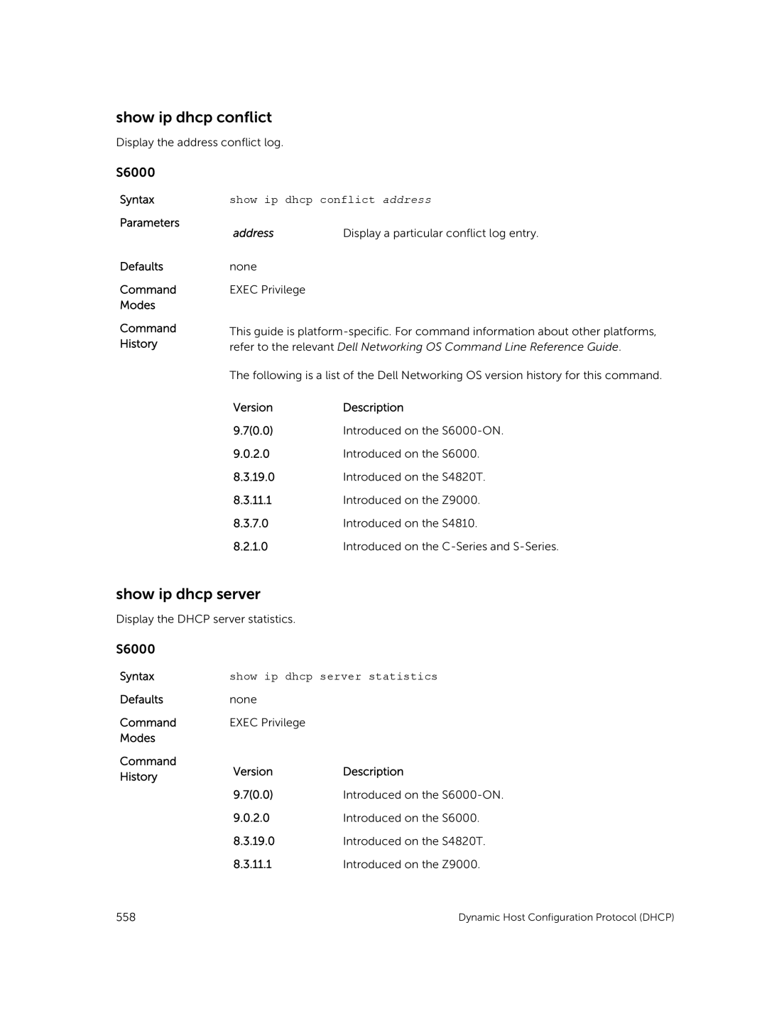 Dell 9.7(0.0) Show ip dhcp server, Show ip dhcp conflict address, Address Display a particular conflict log entry 