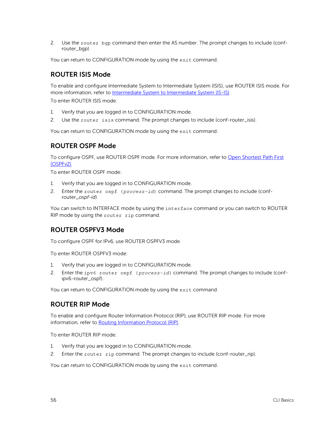 Dell 9.7(0.0) manual Router Isis Mode, Router Ospf Mode, Router OSPFV3 Mode, Router RIP Mode 