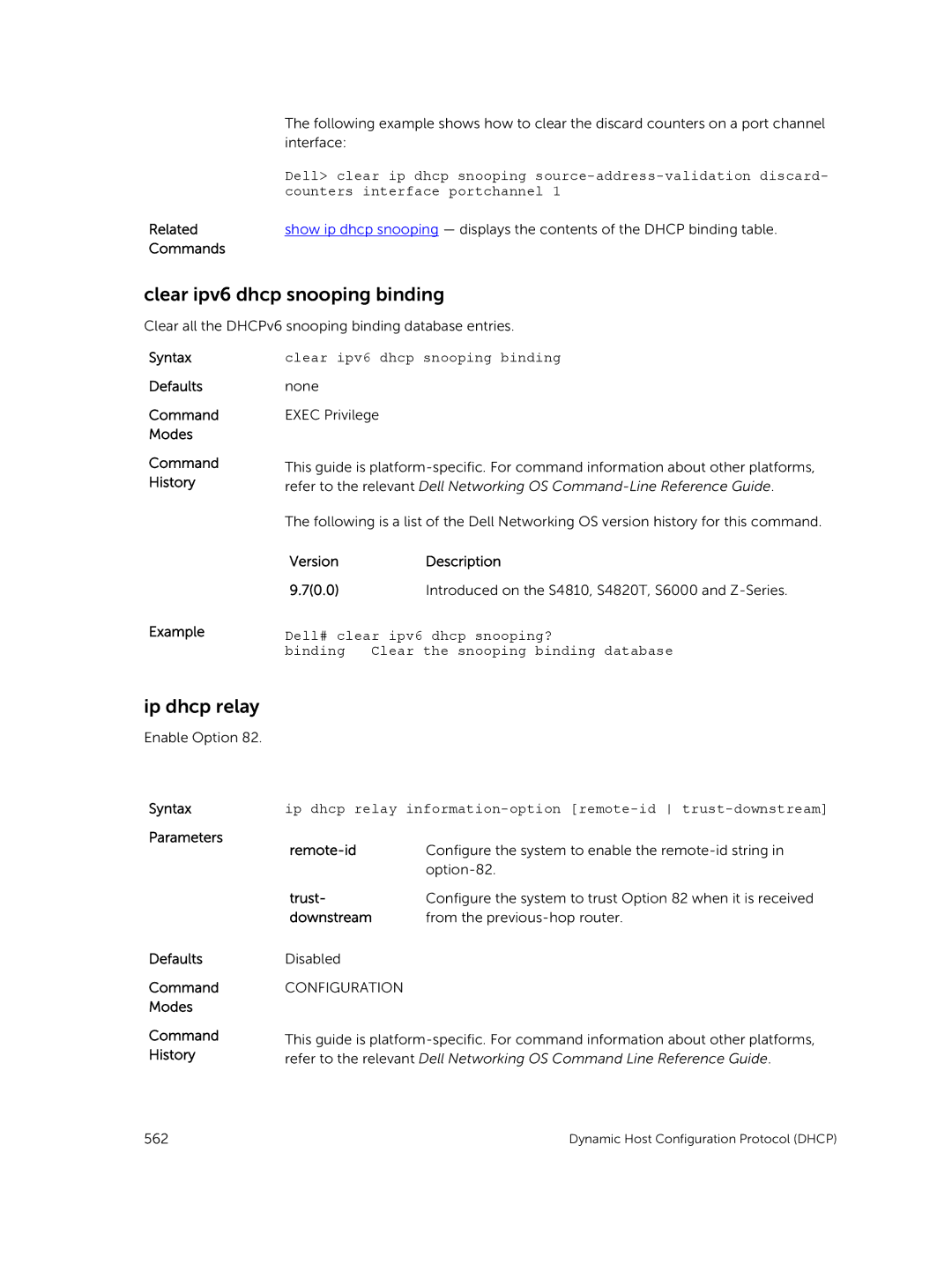 Dell 9.7(0.0) manual Clear ipv6 dhcp snooping binding, Ip dhcp relay, Remote-id, Trust, Downstream 