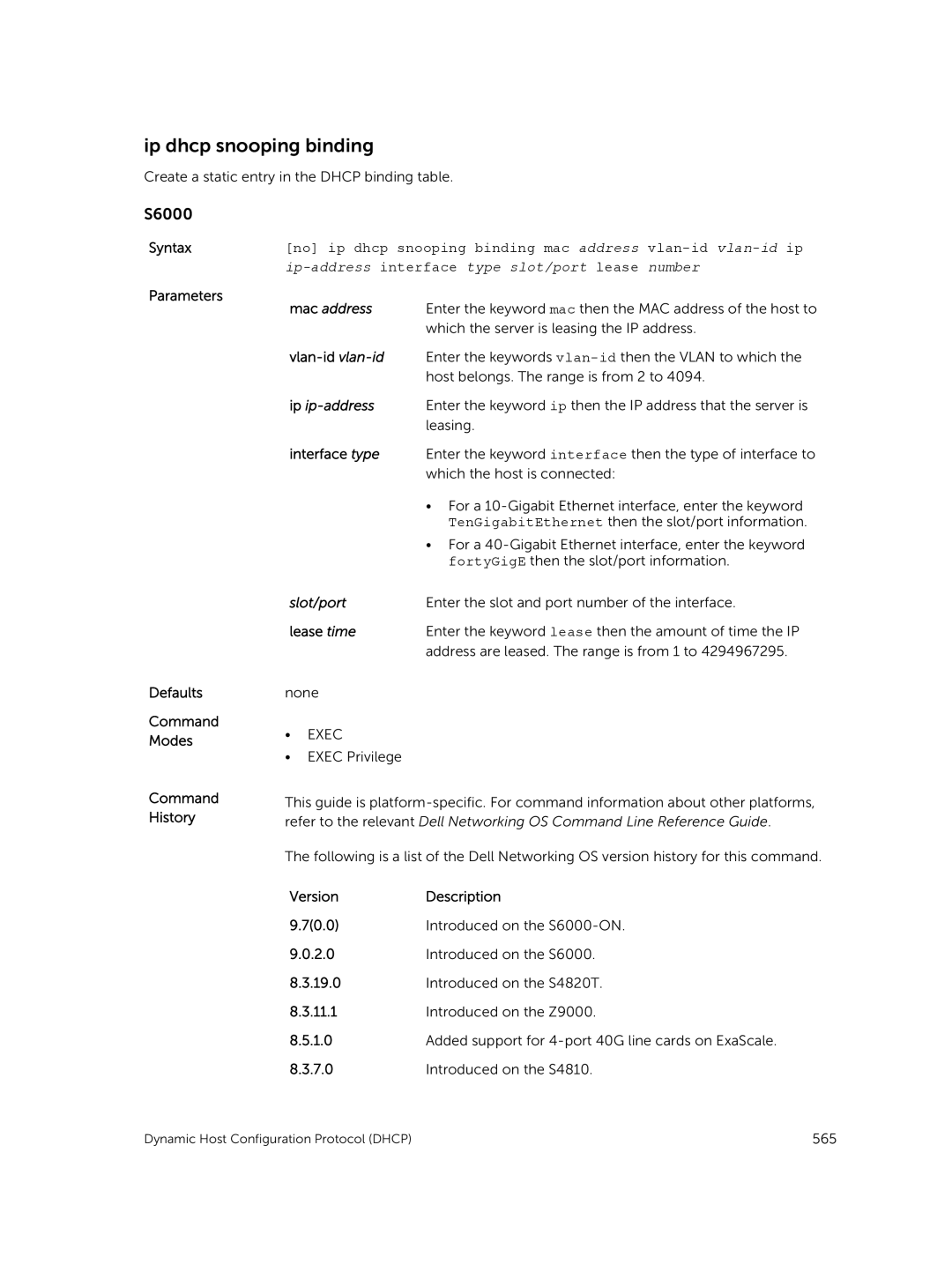 Dell 9.7(0.0) manual Ip dhcp snooping binding, Mac address, Ip ip-address 