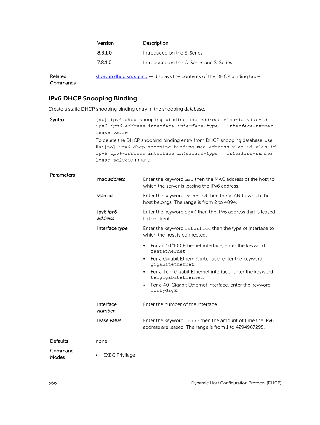 Dell 9.7(0.0) manual IPv6 Dhcp Snooping Binding, Vlan-id, Ipv6 ipv6, Lease value 