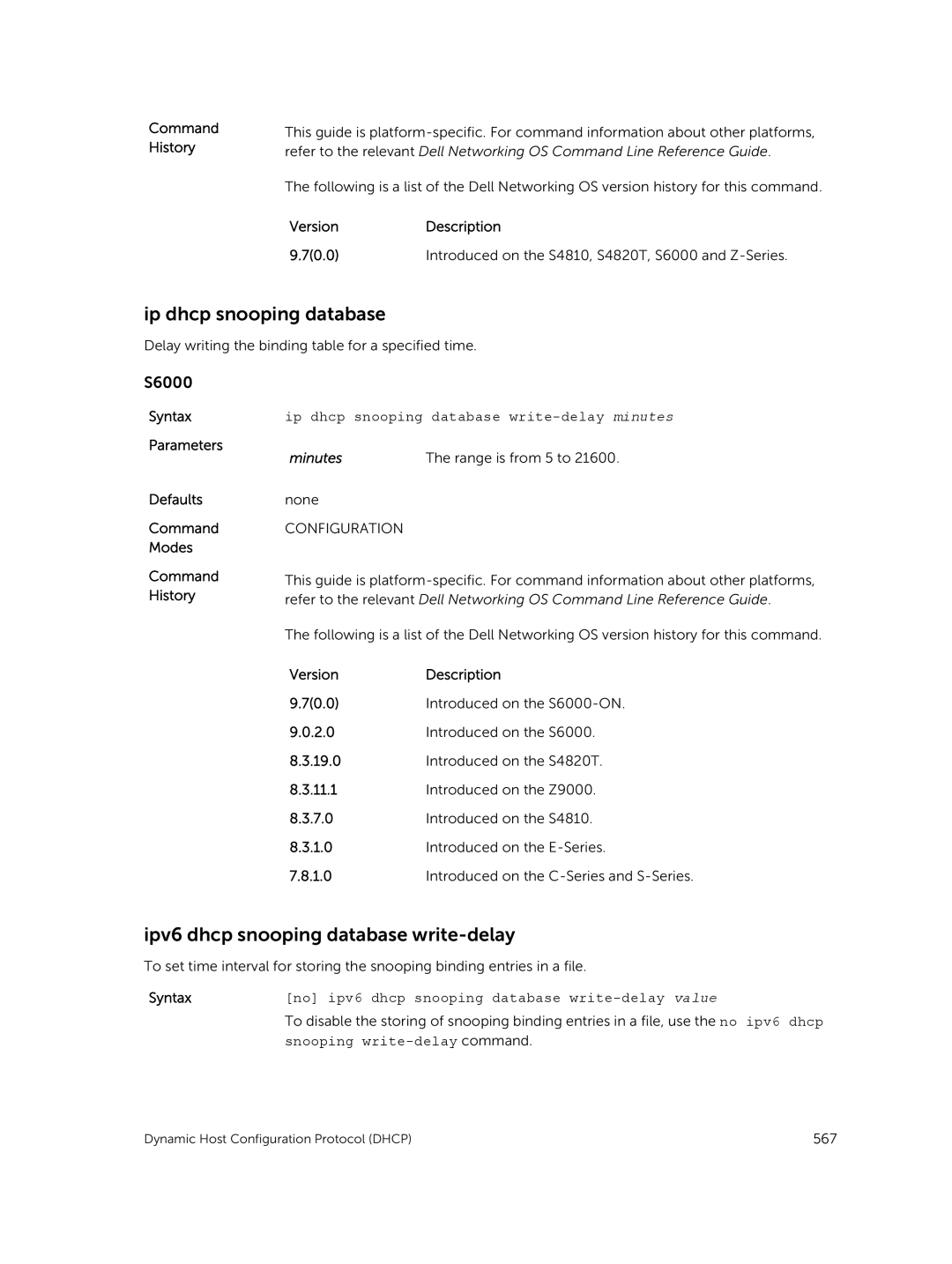 Dell 9.7(0.0) manual Ip dhcp snooping database, Ipv6 dhcp snooping database write-delay, Minutes Range is from 5 to 