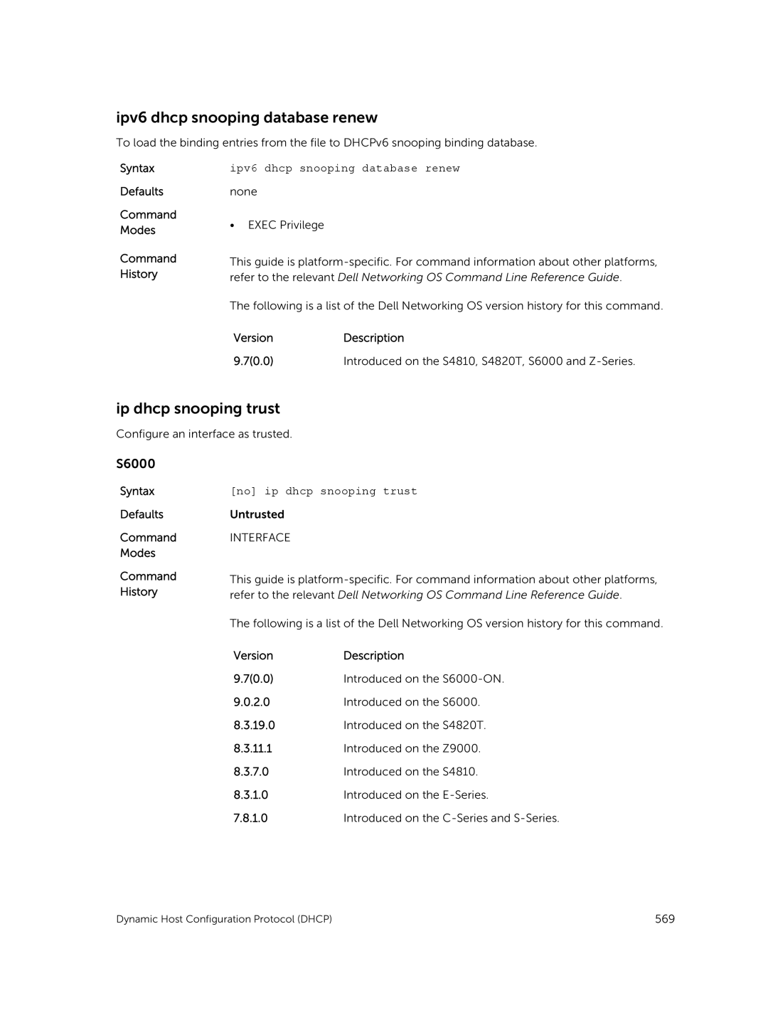 Dell 9.7(0.0) manual Ipv6 dhcp snooping database renew, Ip dhcp snooping trust, No ip dhcp snooping trust 