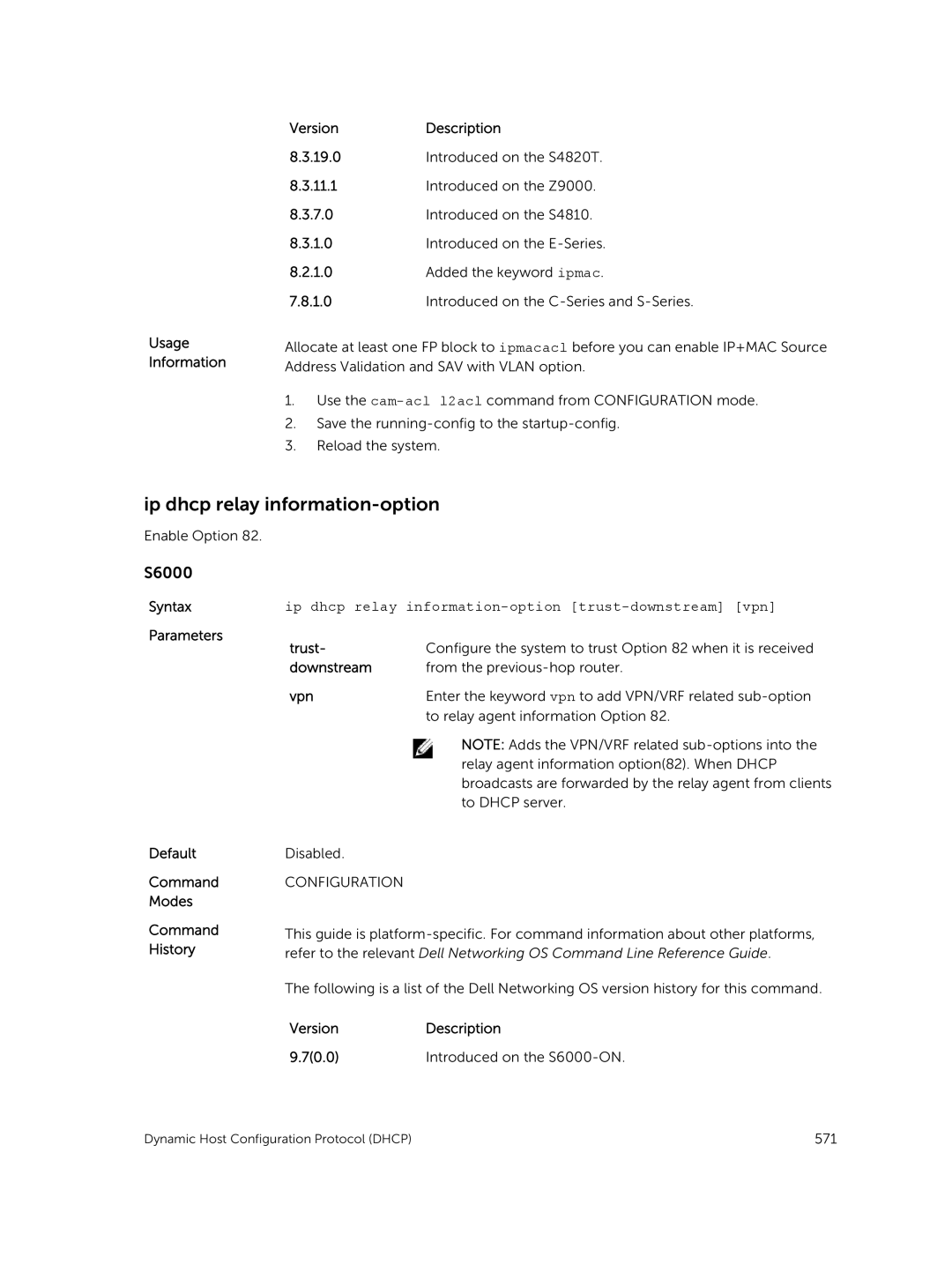 Dell 9.7(0.0) manual Ip dhcp relay information-option, Syntaxip dhcp relay information-option trust-downstream vpn, Vpn 