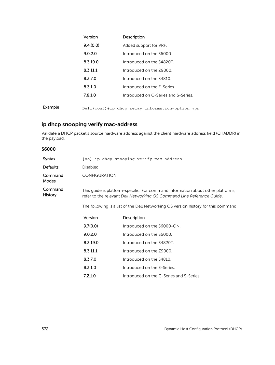 Dell 9.7(0.0) manual Ip dhcp snooping verify mac-address, VersionDescription 0.0 Added support for VRF 