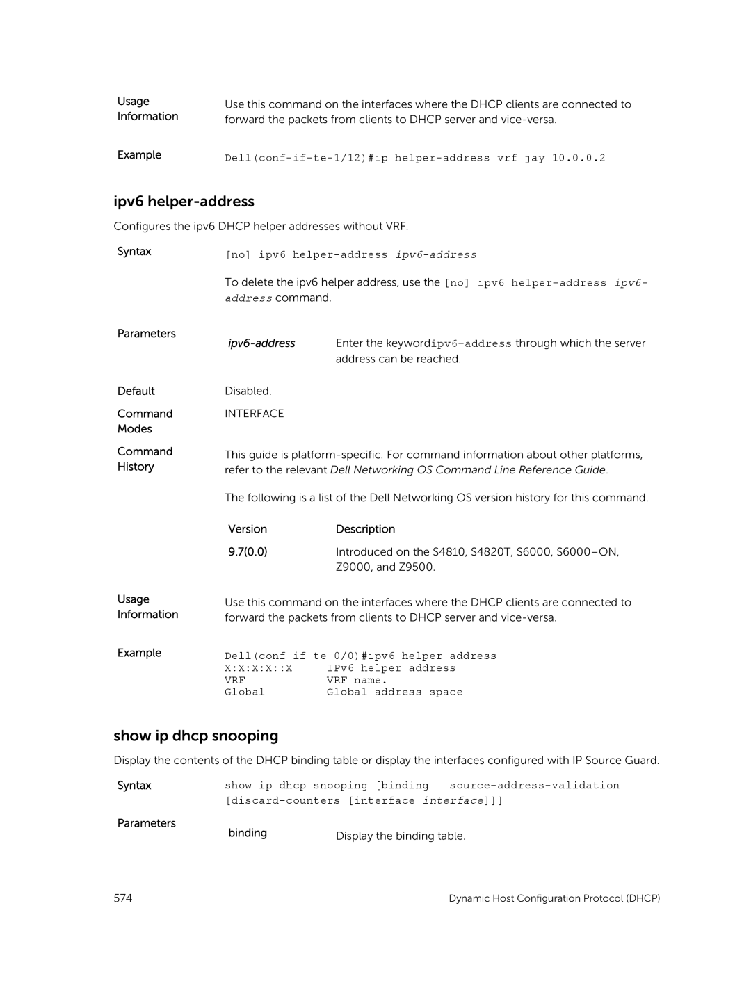 Dell 9.7(0.0) manual Ipv6 helper-address, Show ip dhcp snooping, Vrf 