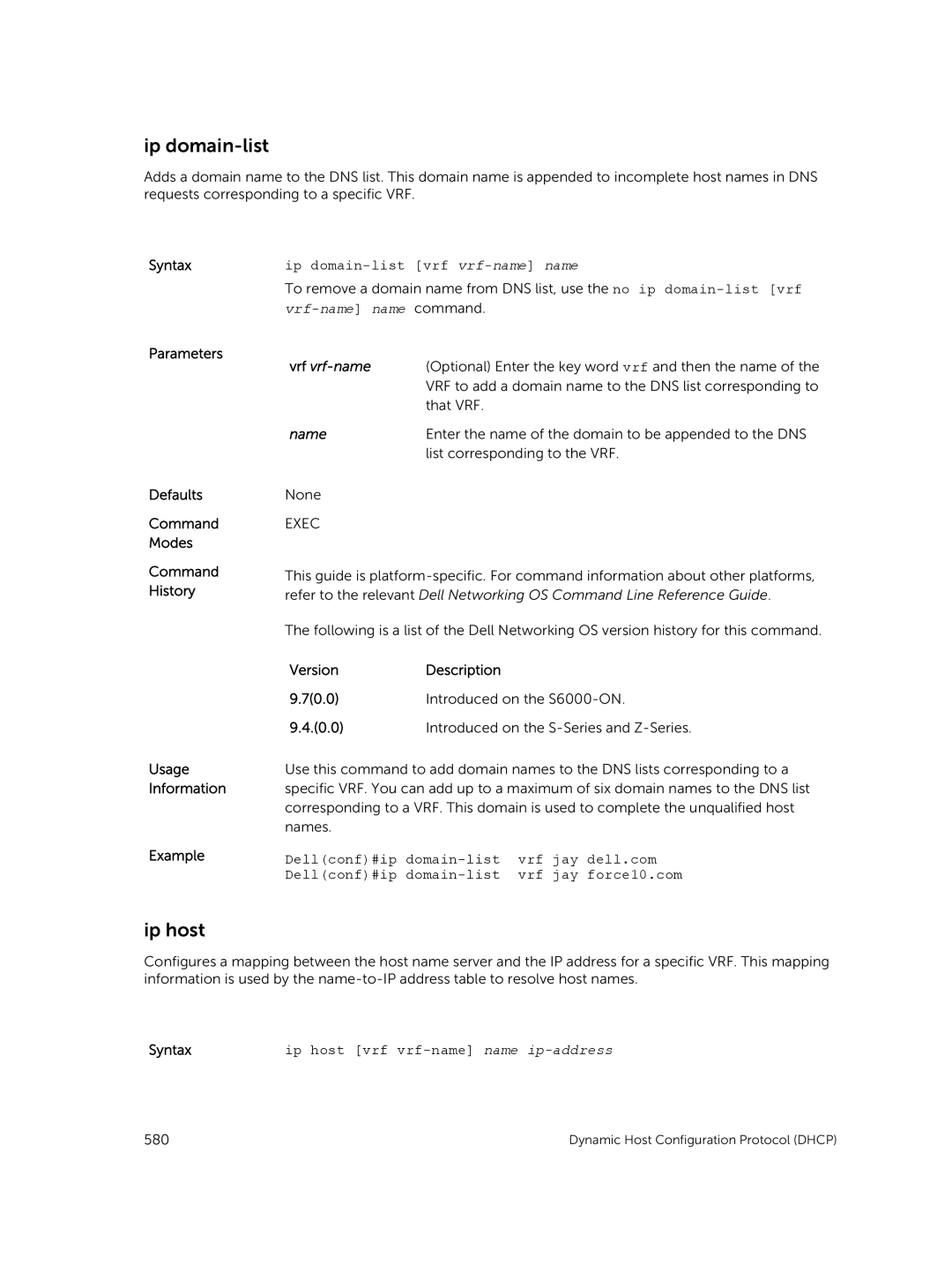 Dell 9.7(0.0) manual Ip domain-list vrf vrf-name name, Ip host vrf vrf-name name ip-address 