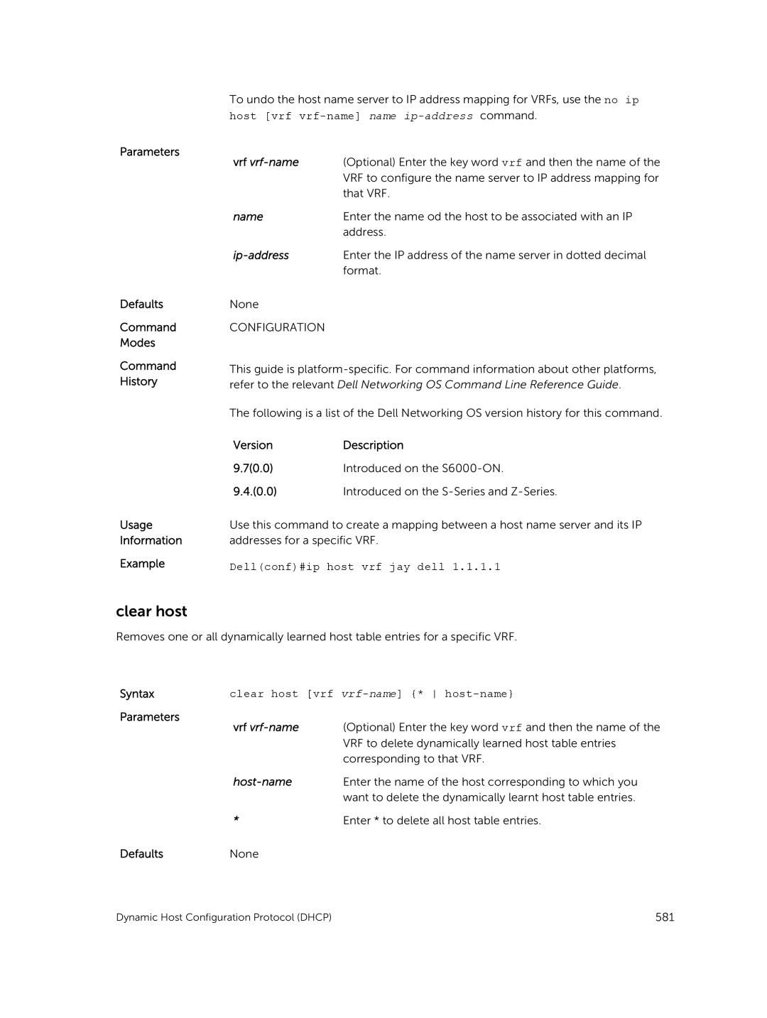 Dell 9.7(0.0) manual Dellconf#ip host vrf jay dell, Clear host vrf vrf-name * host-name, Host-name 