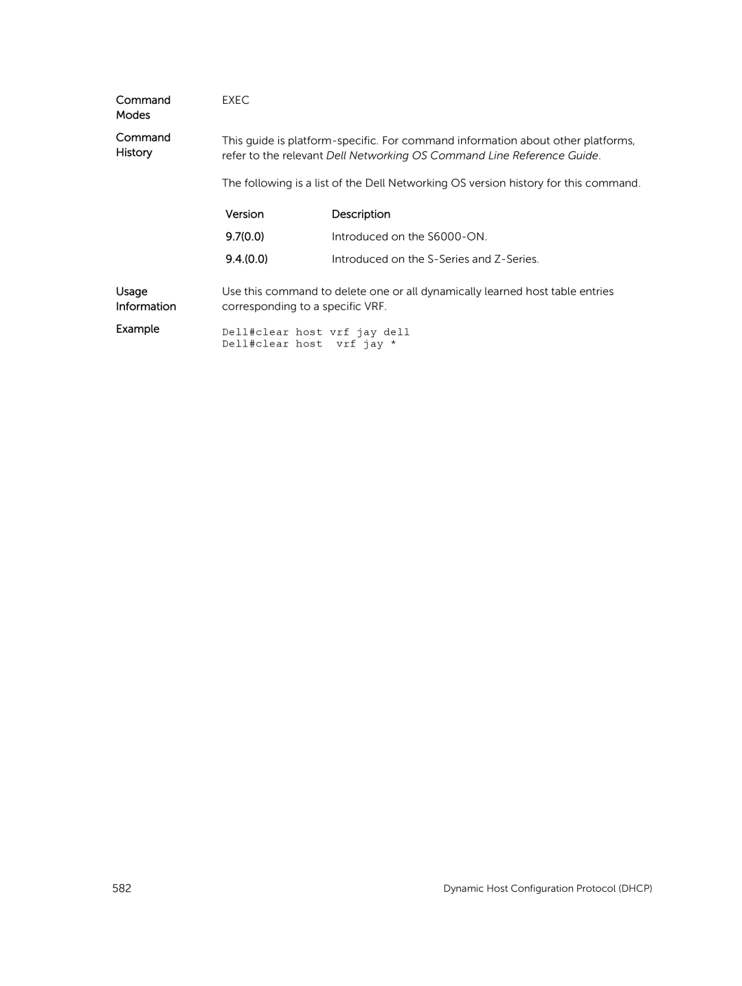 Dell 9.7(0.0) manual Command Modes Command History Usage Information Example, Dell#clear host vrf jay dell 