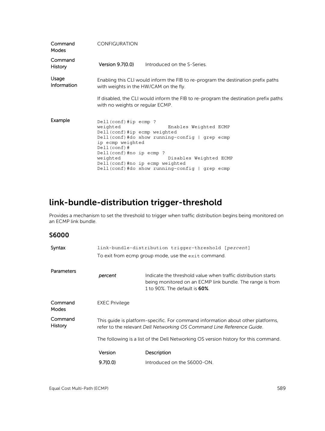 Dell 9.7(0.0) manual Link-bundle-distribution trigger-threshold, Syntaxlink-bundle-distribution trigger-threshold percent 