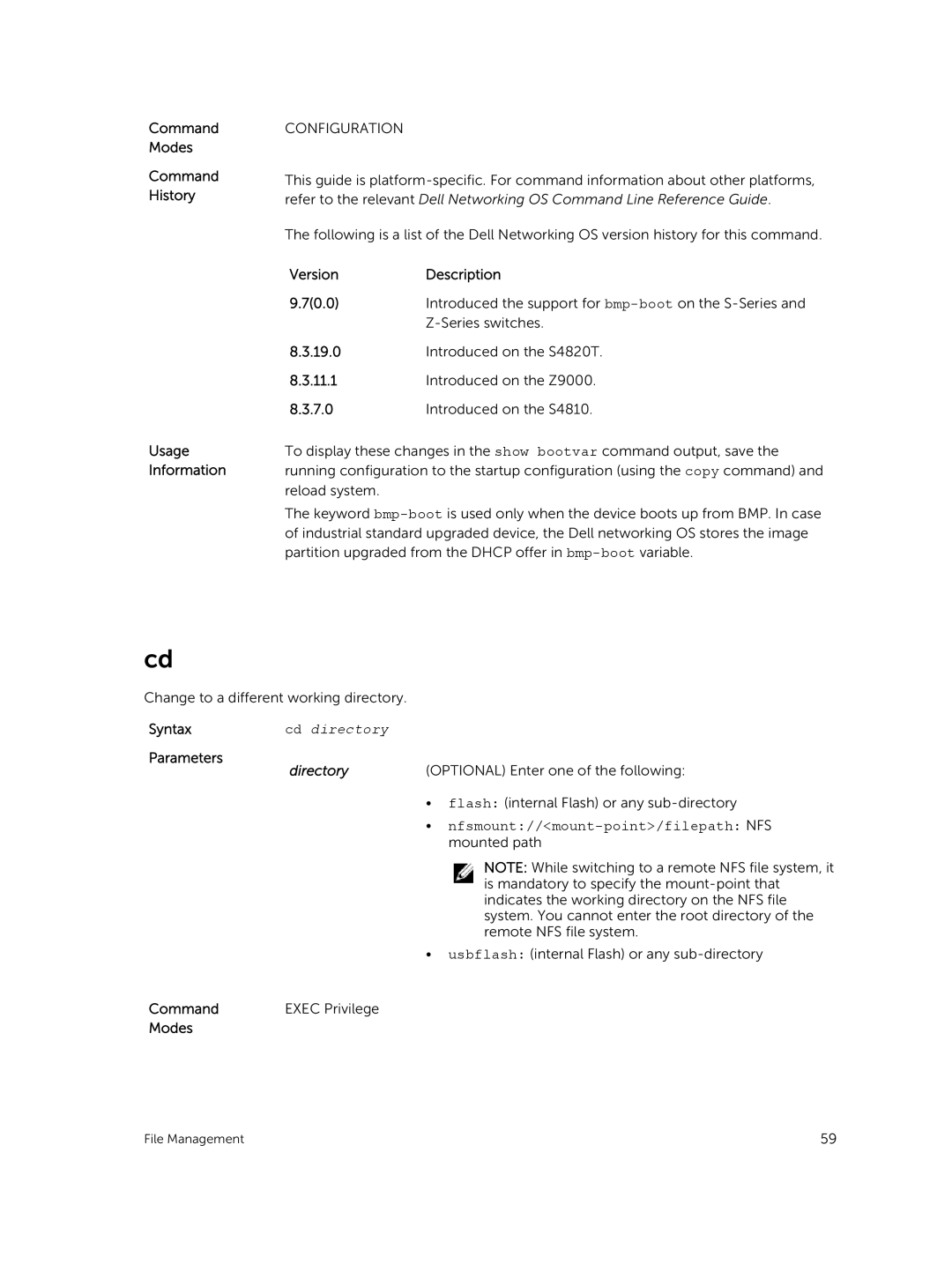 Dell 9.7(0.0) manual Command Modes Command History Usage Information, Version Description 70.0, Parameters, Directory 