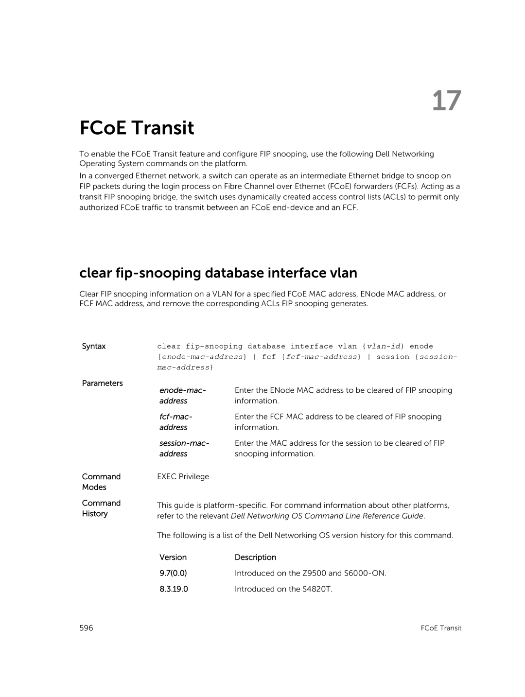 Dell 9.7(0.0) manual FCoE Transit, Clear fip-snooping database interface vlan, Enode-mac 